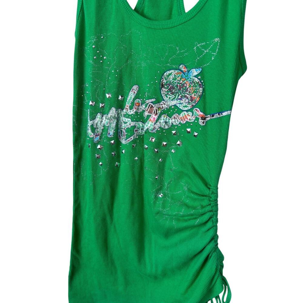 Y2K Apple Bottoms Green Ribbed Logo Embellished Racer Back Ruched Tank Top M - Picture 3 of 6